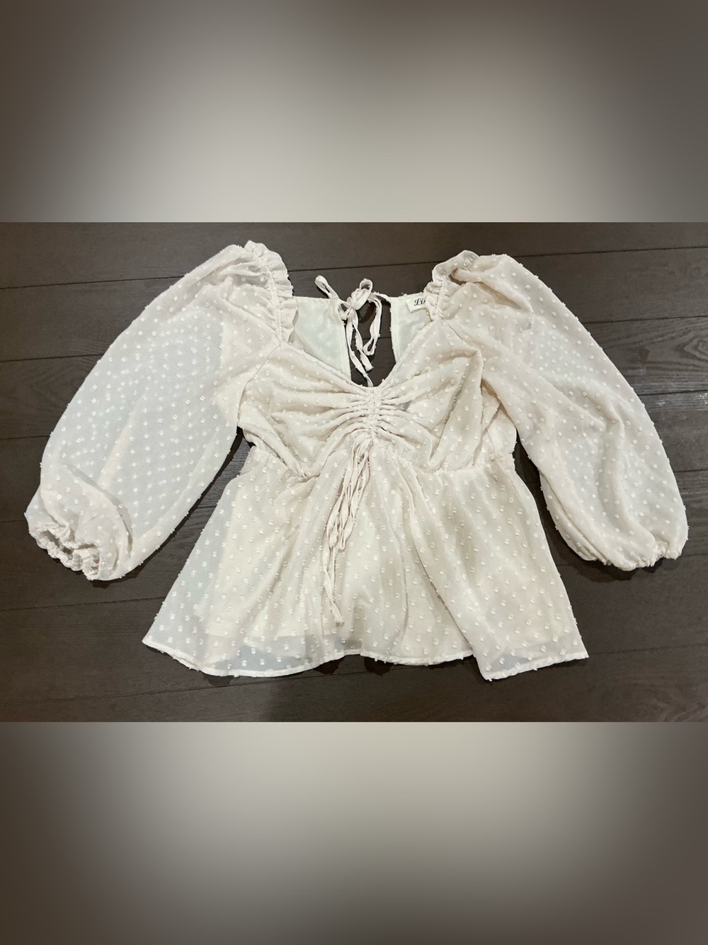 Listicle White Swiss Dot Peasant Blouse with Tie Front